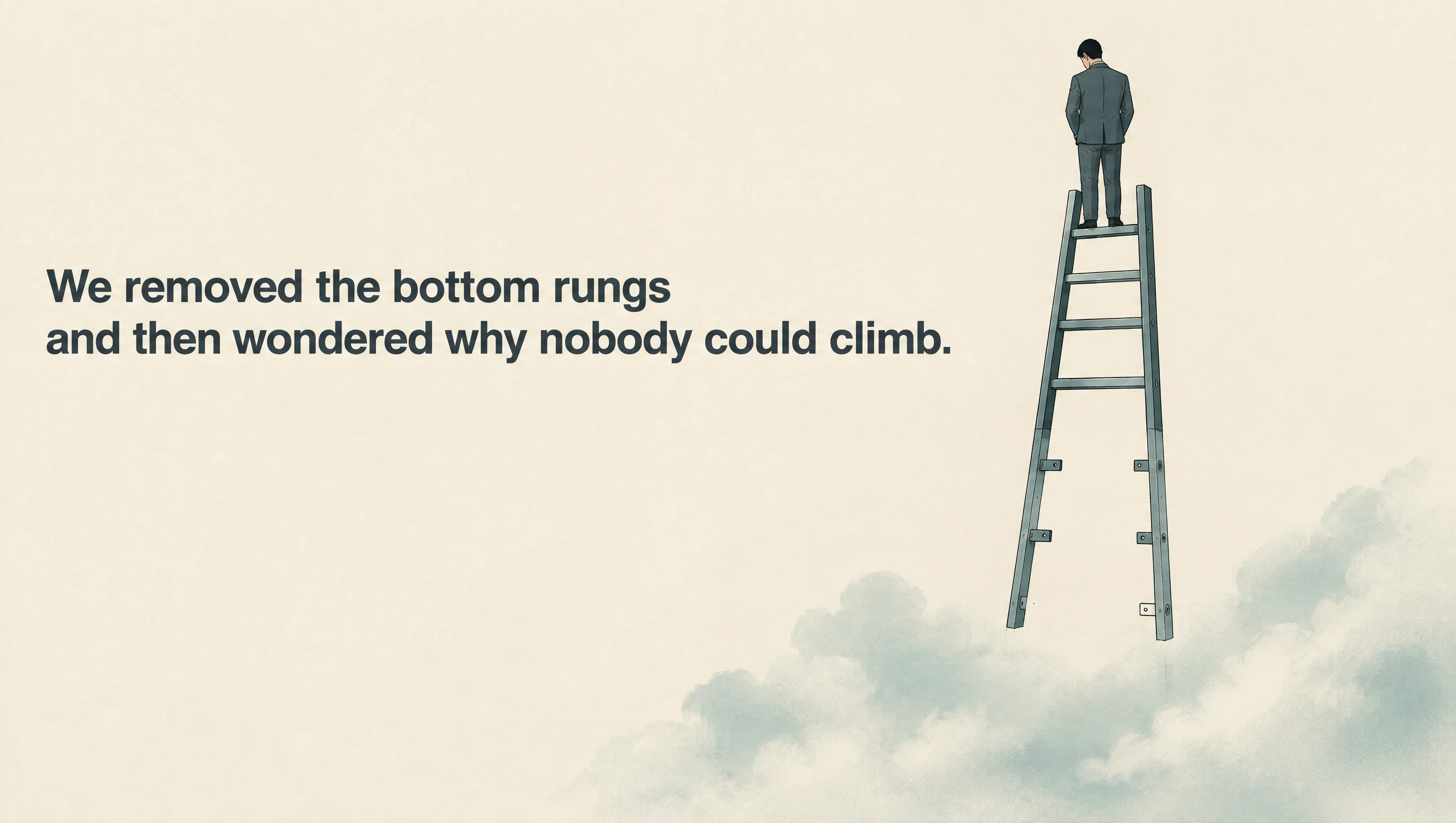 Editorial illustration of a tall ladder floating in mid-air above a soft dissolving cloud, its lowest rungs missing, with a single suited figure near the top seen from behind, looking down into the empty gap where the bottom rungs used to be