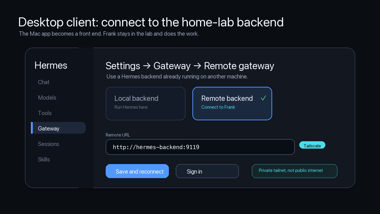 Hermes Desktop remote gateway settings with Tailscale URL