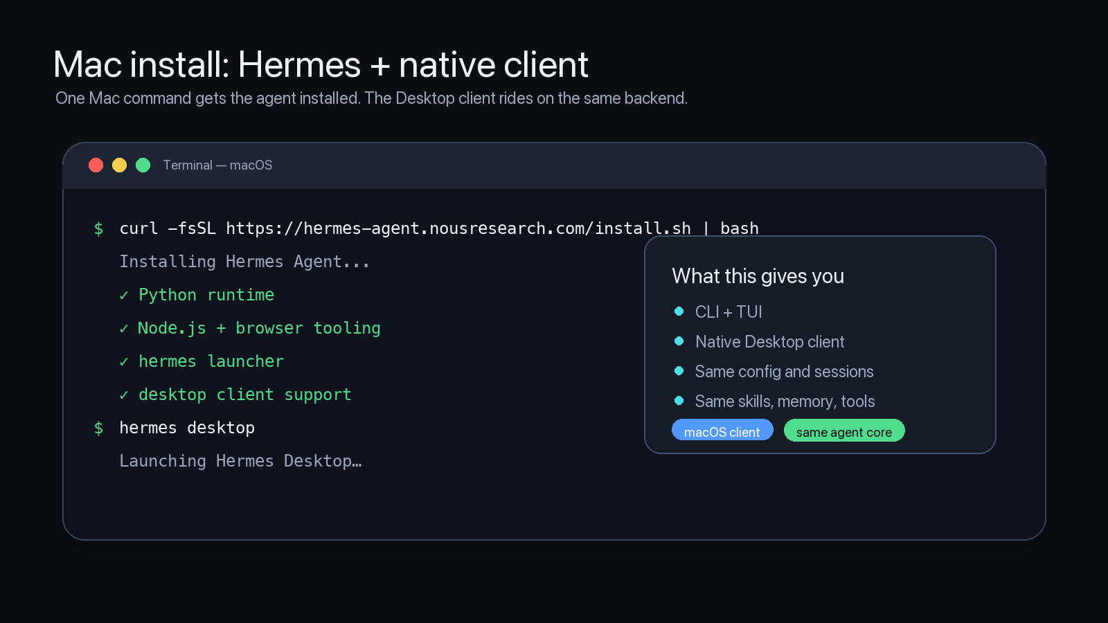 Mac terminal showing Hermes install and desktop launch commands