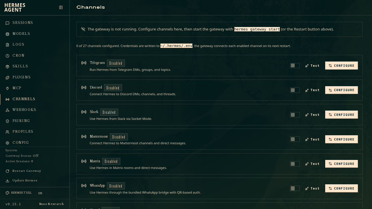 Dashboard messaging channels, including Telegram