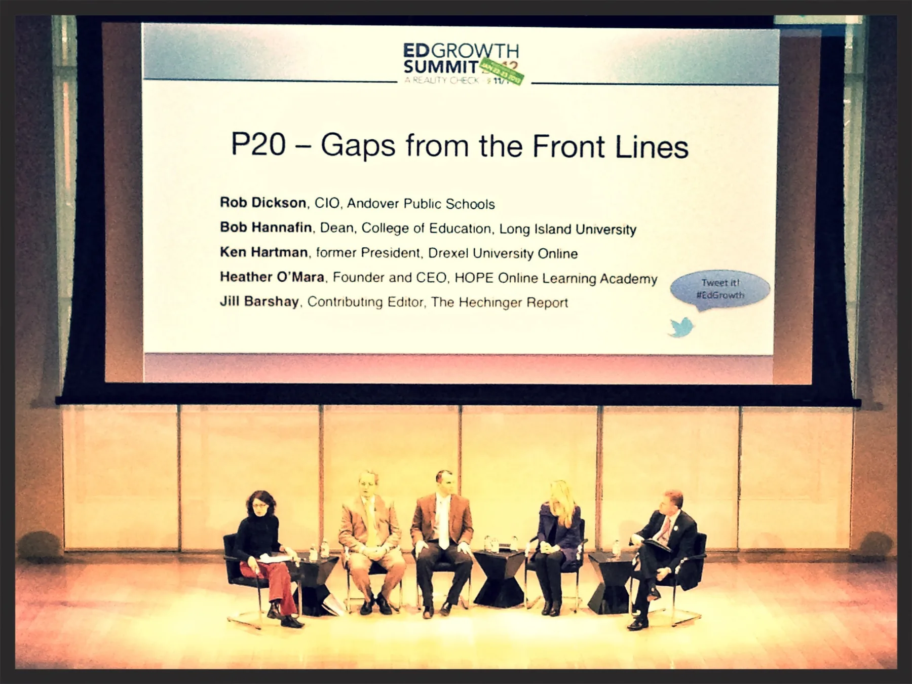 Panel on stage under a slide reading "P20 - Gaps from the Front Lines," with Rob Dickson, CIO, Andover Public Schools, among the panelists.