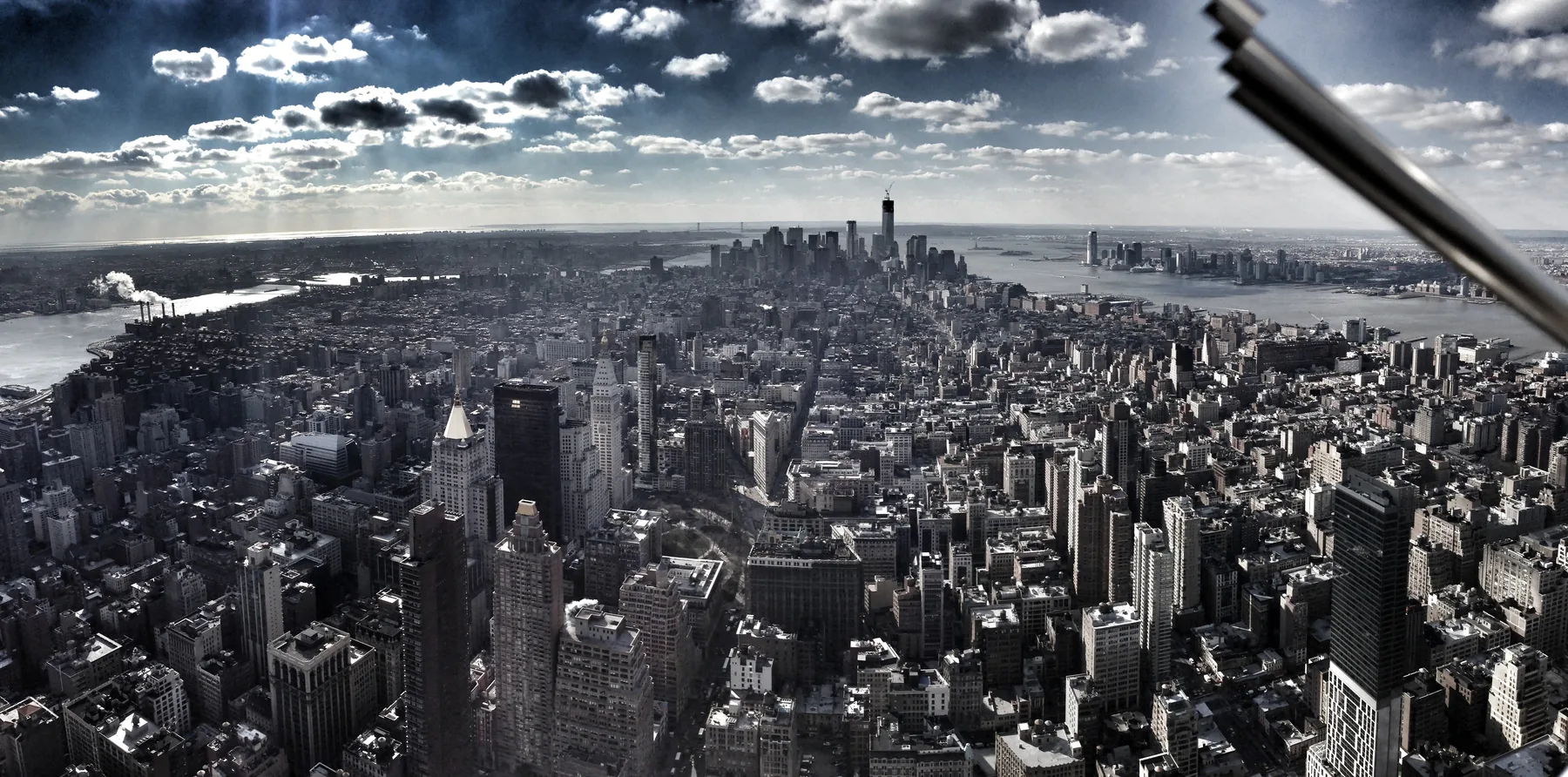 Lower Manhattan from high above, with One World Trade Center still under construction.