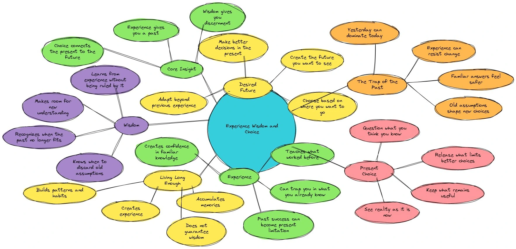 Hand-drawn mind map with a teal center labeled Experience Wisdom and Choice, surrounded by clusters for Wisdom, Experience, Living Long Enough, Desired Future, The Trap of the Past, and Present Choice
