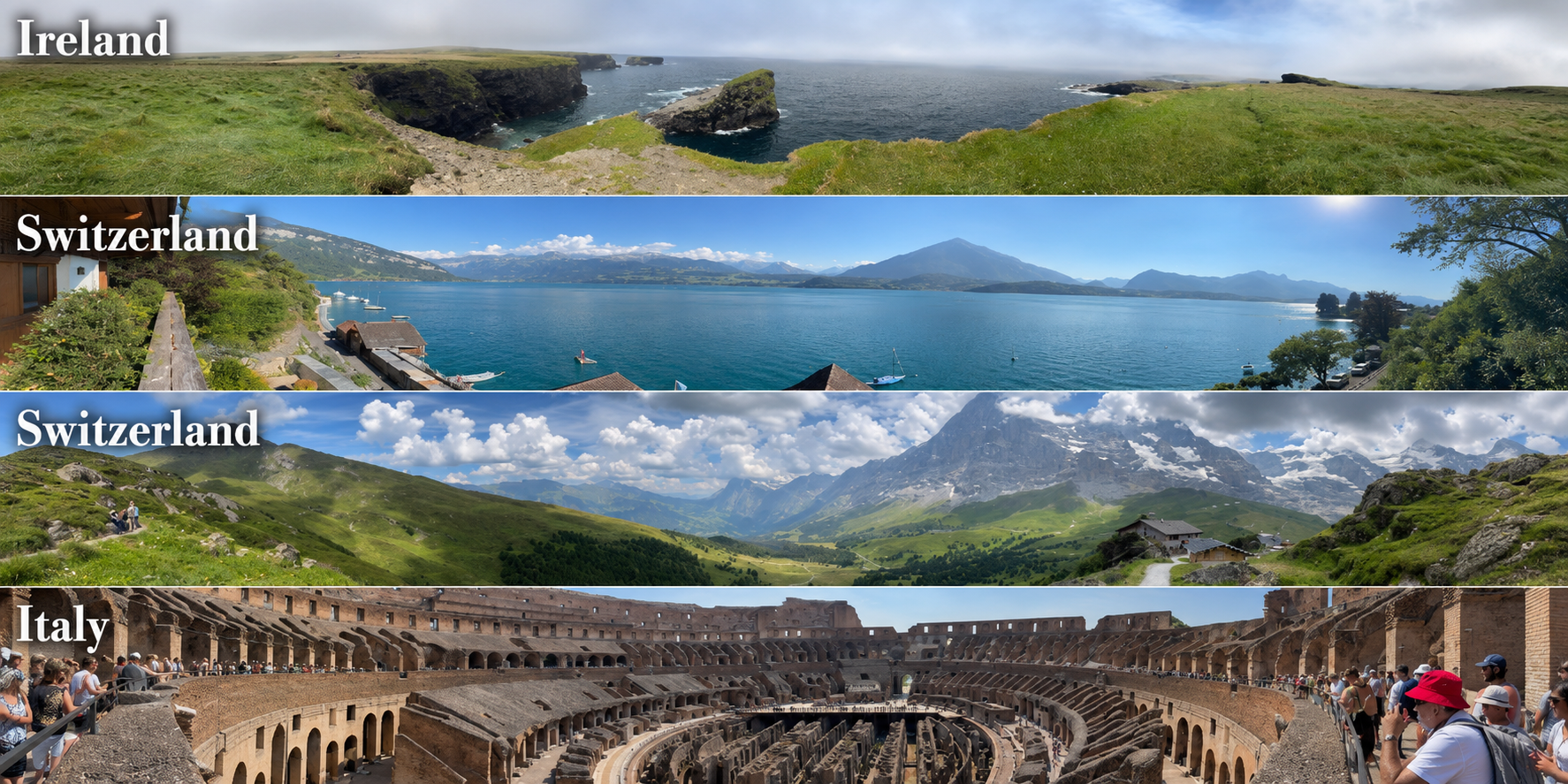 Travel collage from Rob Dickson’s 50th-year trip: coastal cliffs in Ireland, lakes and mountains in Switzerland, and the Colosseum in Italy.
