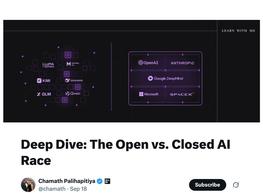 Screenshot of Chamath Palihapitiya's X article: Deep Dive: The Open vs. Closed AI Race, with its cover graphic of open-weight model logos facing closed-lab logos