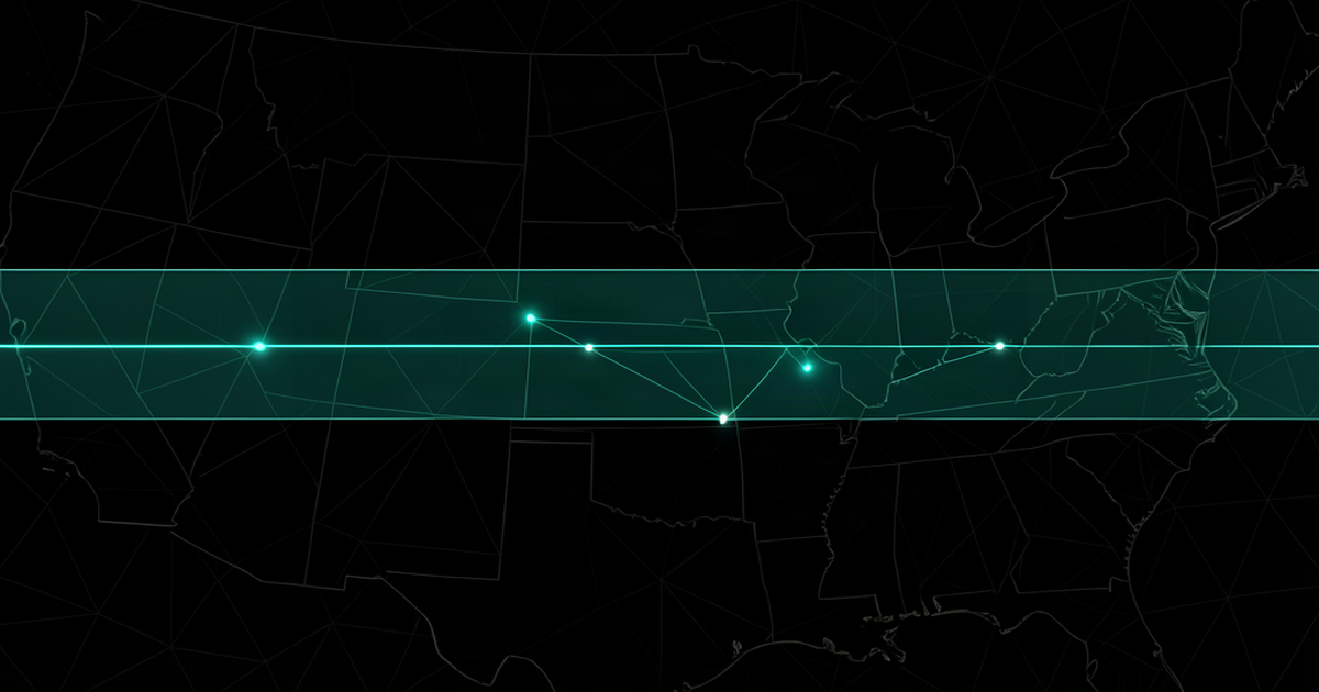 Dark map of the United States with a single teal interoperability signal path